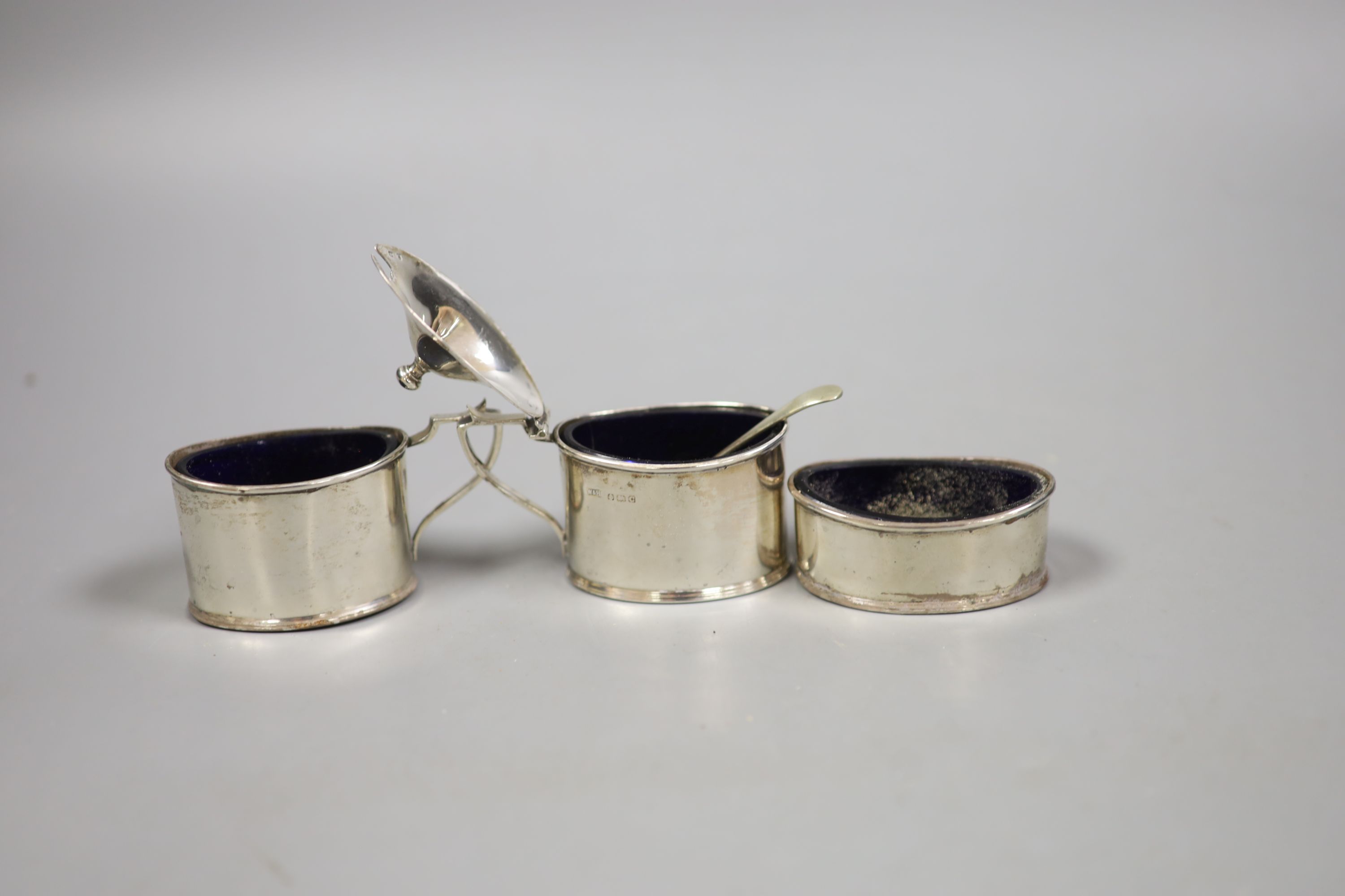 A George V silver three piece condiment set